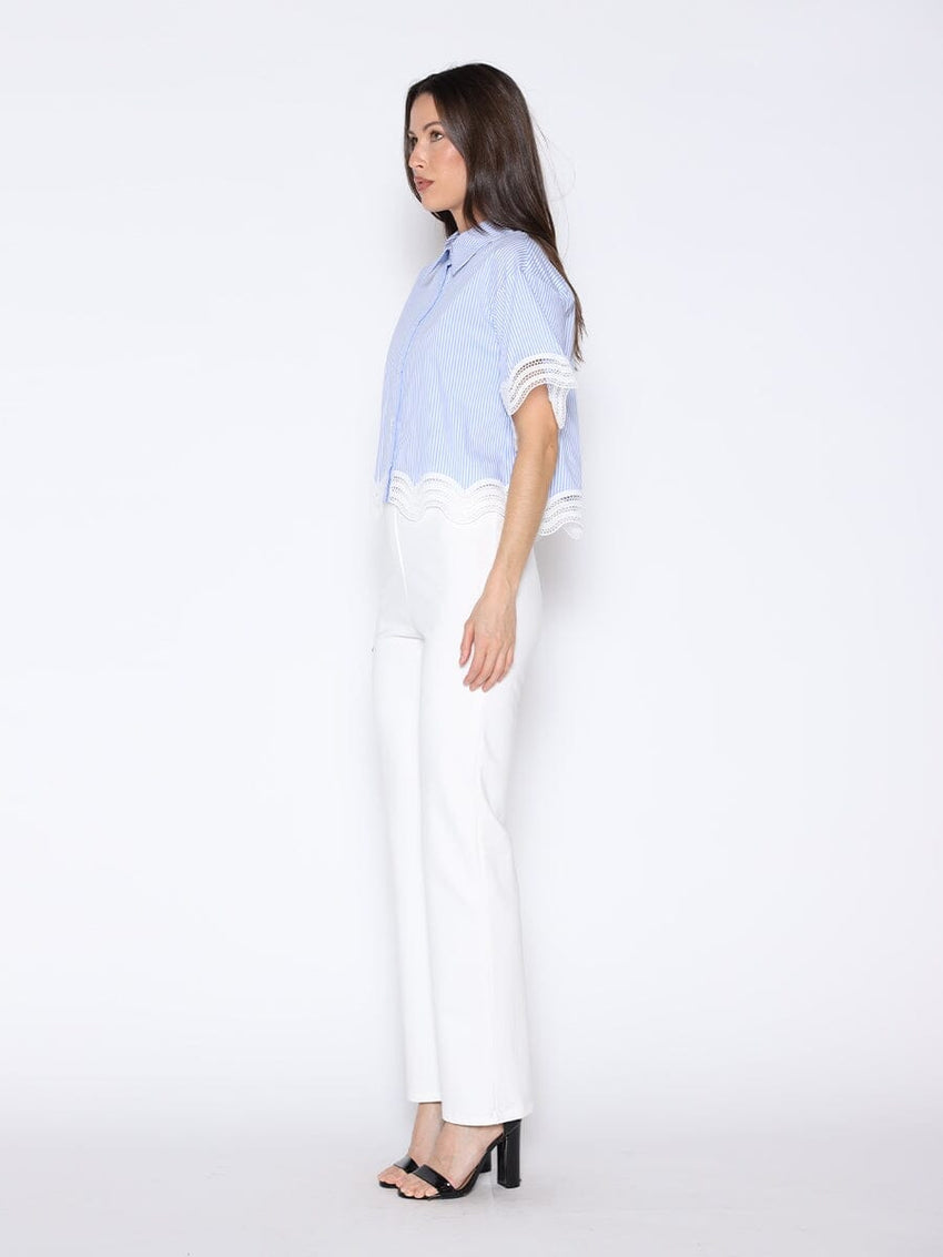 Short Sleeve Lace Trim Stripe Button Down Shirt