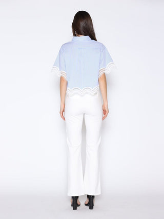 Short Sleeve Lace Trim Stripe Button Down Shirt