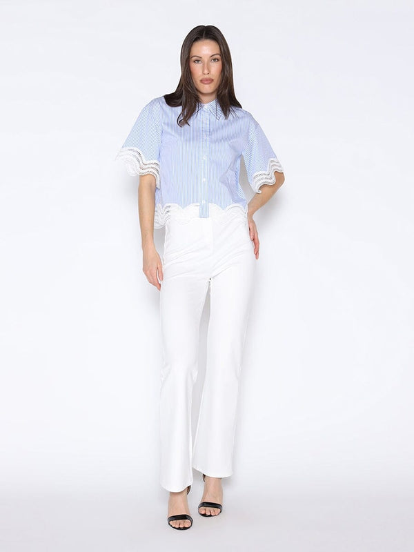 Short Sleeve Lace Trim Stripe Button Down Shirt - Glamourous Grace