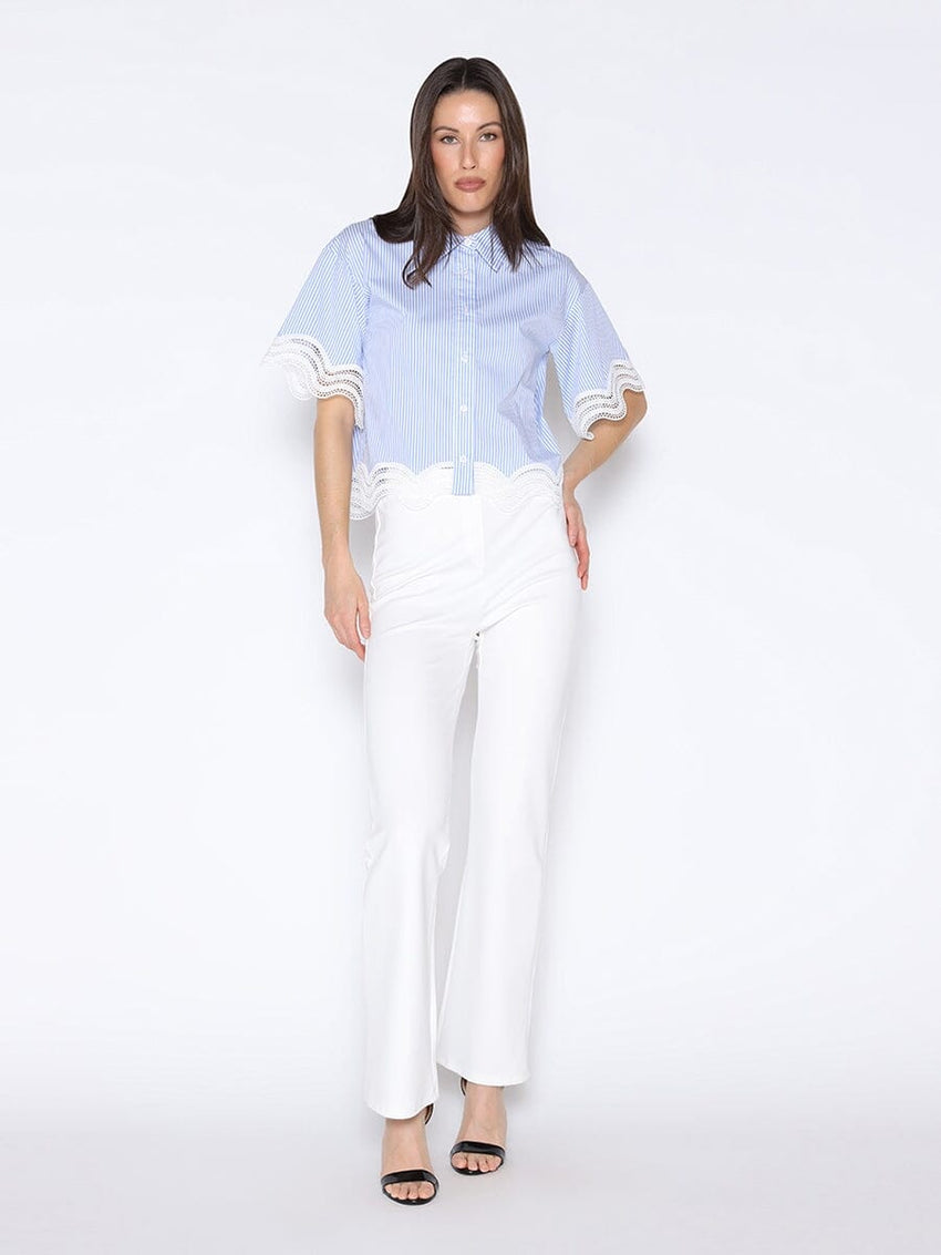 Short Sleeve Lace Trim Stripe Button Down Shirt