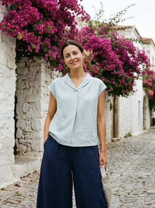 100% Linen Shawl V-Neck Cap Sleeves Top ELARA - Glamourous Grace