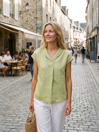 100% Linen Shawl V-Neck Cap Sleeves Top ELARA - Glamourous Grace
