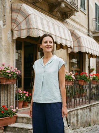 100% Linen Shawl V-Neck Cap Sleeves Top ELARA - Glamourous Grace
