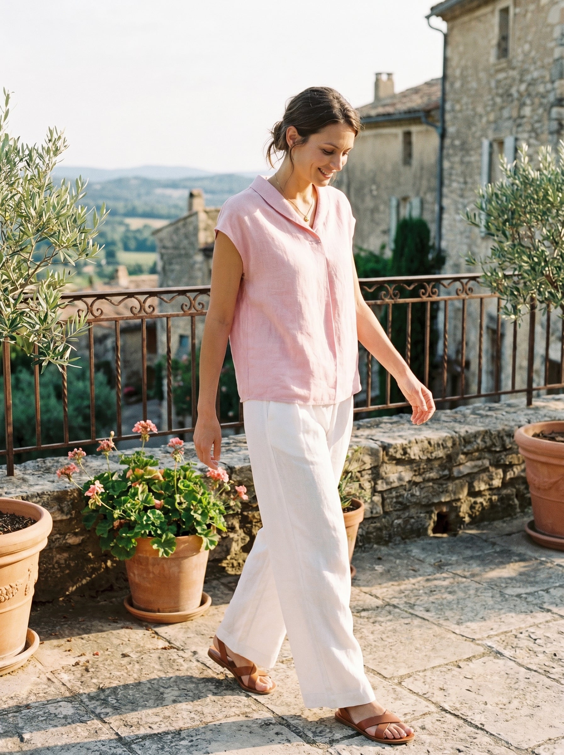 100% Linen Shawl V-Neck Cap Sleeves Top ELARA - Glamourous Grace