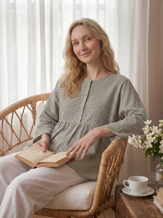 Linen Checked Long-Sleeved Top CAROLINE - Glamourous Grace