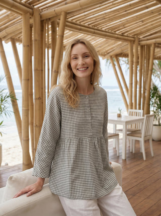 Linen Checked Long-Sleeved Top CAROLINE - Glamourous Grace