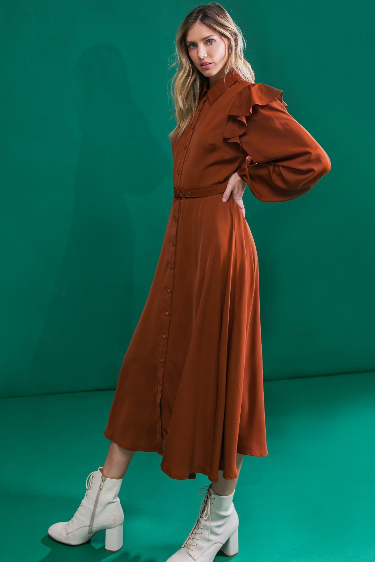 TIER ELEGANCE BROWN WOVEN MIDI DRESS - Glamourous Grace