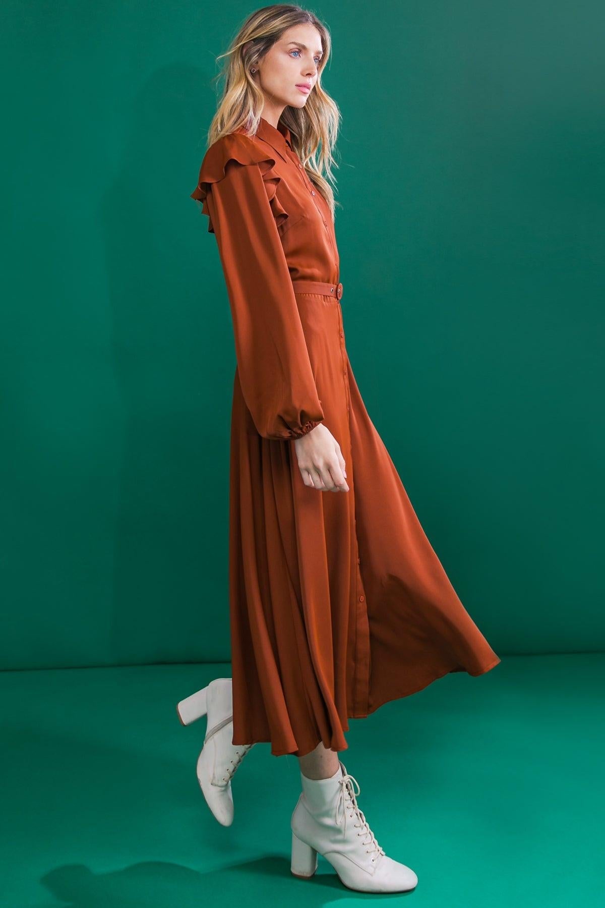 TIER ELEGANCE BROWN WOVEN MIDI DRESS - Glamourous Grace