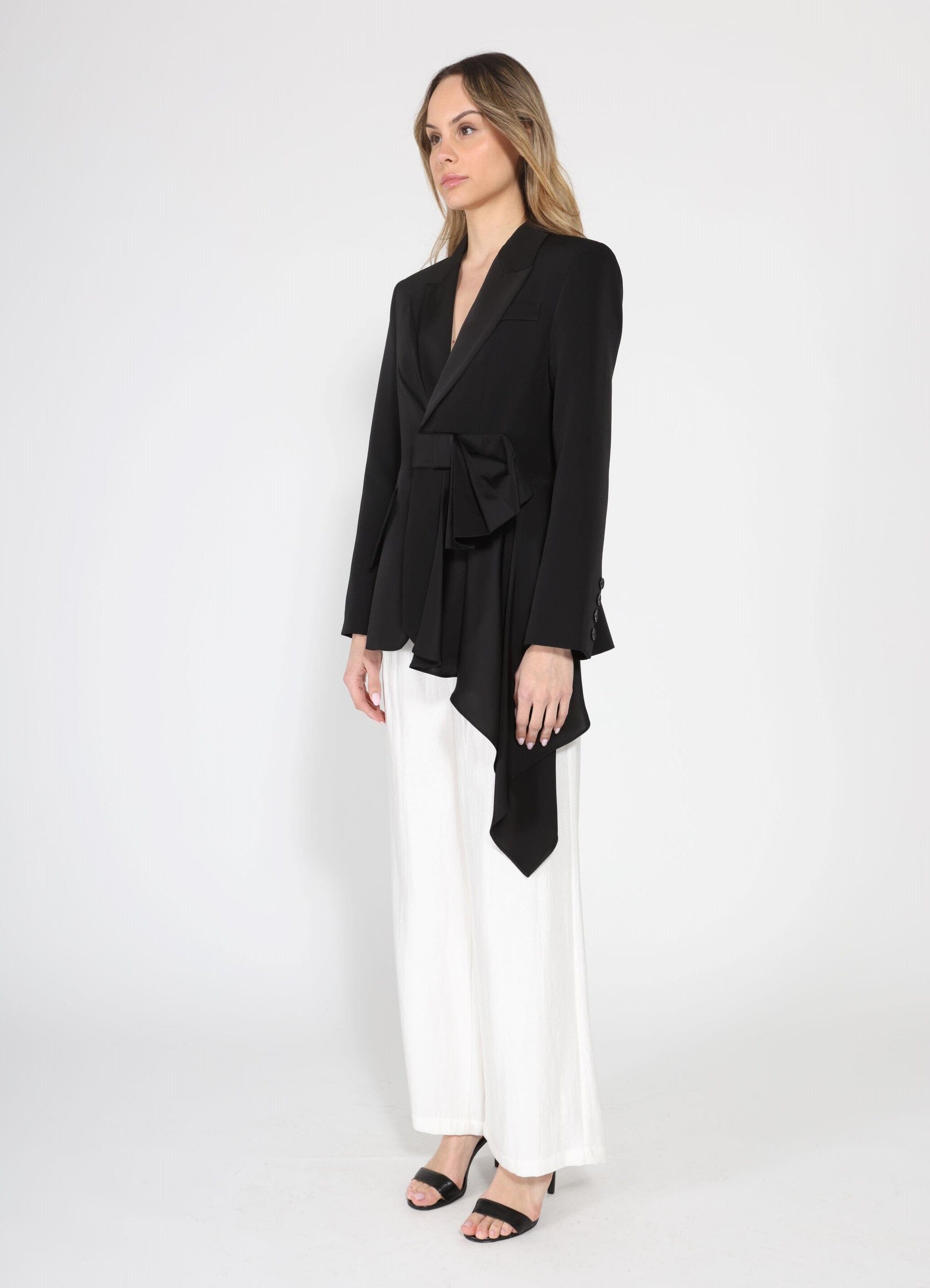 Side ruffle bow front open coat