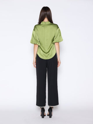 Side Twist Knot Mock Neck Puff Sleeve Satin Top