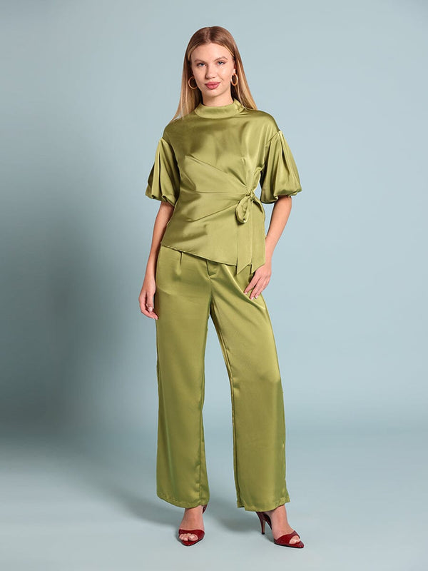 Side Twist Knot Mock Neck Puff Sleeve Satin Top - Glamourous Grace