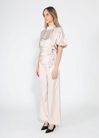 Side Twist Knot Mock Neck Puff Sleeve Satin Top