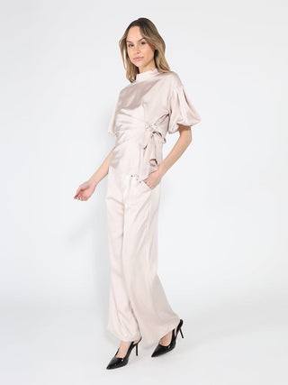 Side Twist Knot Mock Neck Puff Sleeve Satin Top