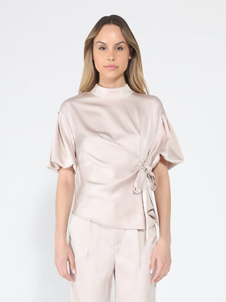 Side Twist Knot Mock Neck Puff Sleeve Satin Top