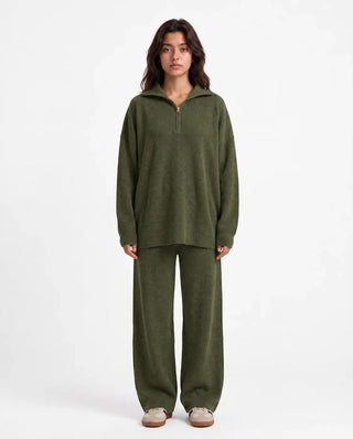 SITRA Women's Casual Retro Ribbed Half-Zip Set