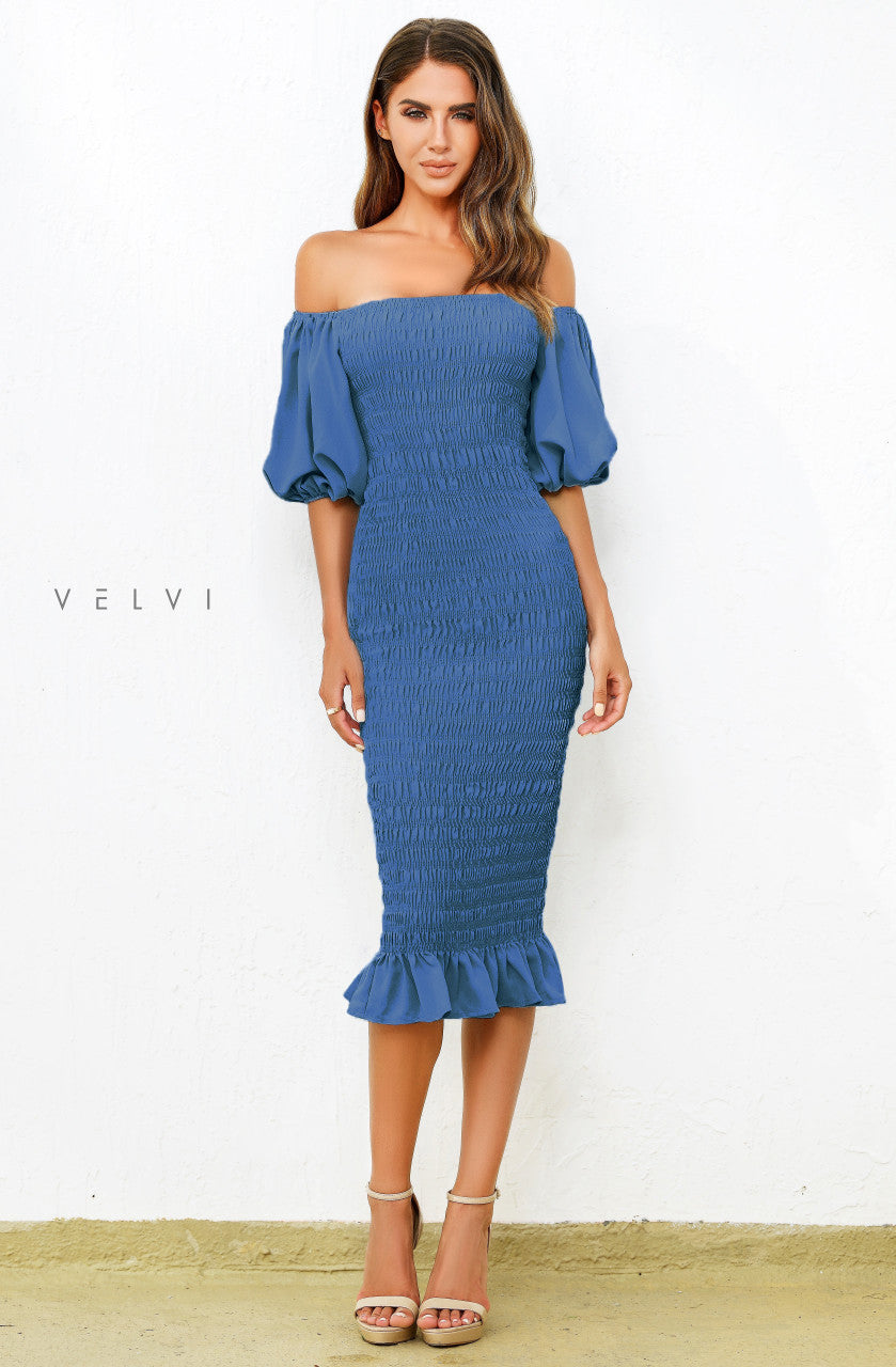 Skyla Shirred Midi Dress - Navy - Glamourous Grace