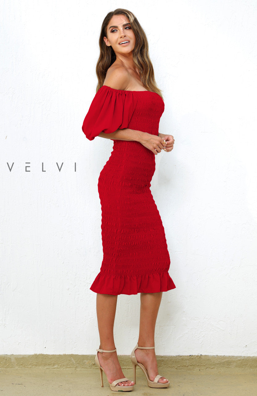 Skyla Shirred Midi Dress - RED - Glamourous Grace
