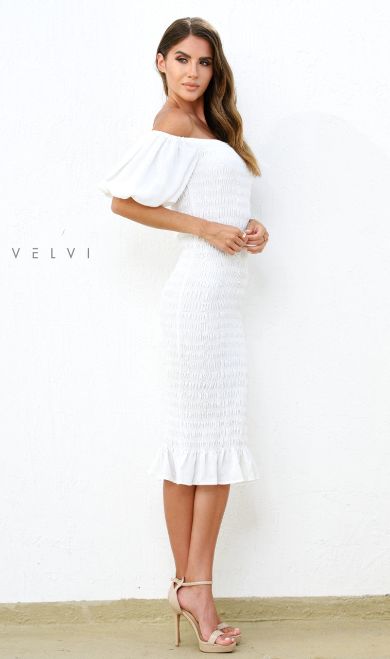 Skyla Shirred Midi Dress - WHITE - Glamourous Grace