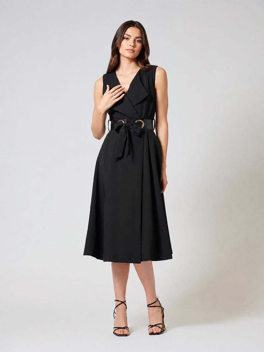 Sleeveless Notched-Lapel Collar Belted Long Jacket - Glamourous Grace