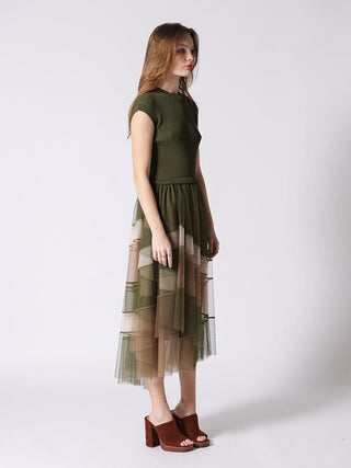 Sleevless A-Line Long Dress w/ Pleated Tulle Skirt