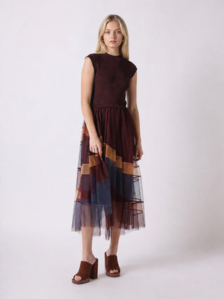 Sleevless A-Line Long Dress w/ Pleated Tulle Skirt