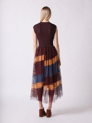 Sleevless A-Line Long Dress w/ Pleated Tulle Skirt