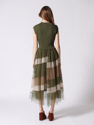 Sleevless A-Line Long Dress w/ Pleated Tulle Skirt