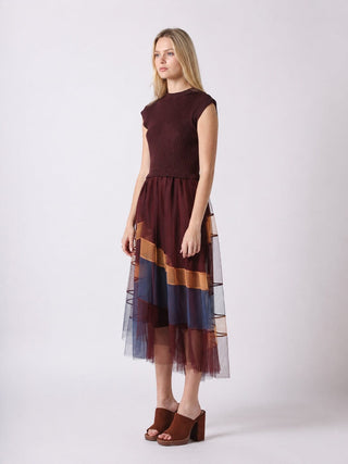 Sleevless A-Line Long Dress w/ Pleated Tulle Skirt