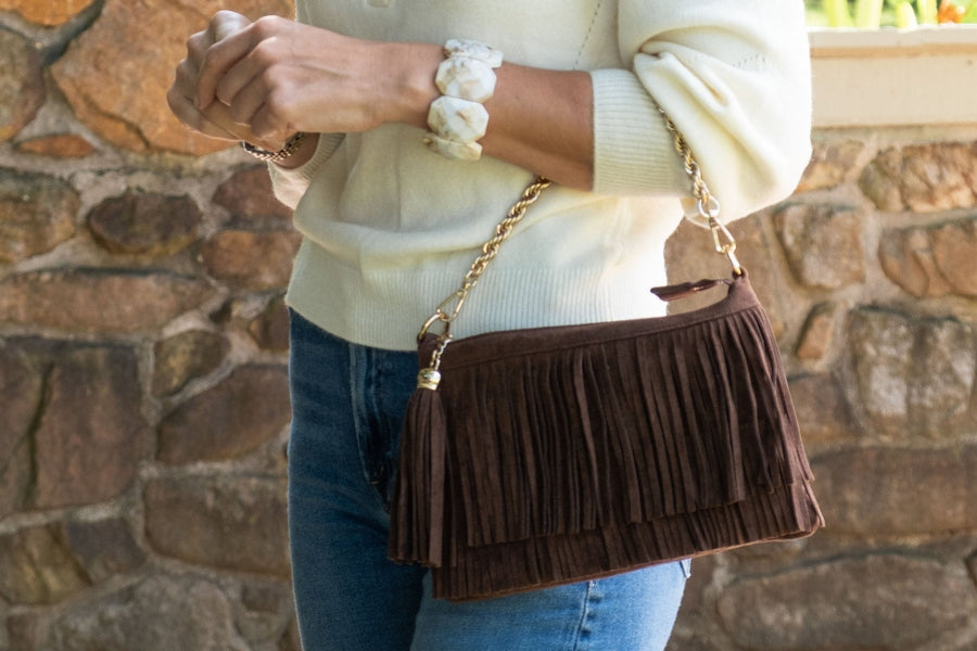 Sloane Fringe Faux Suede Clutch - Glamourous Grace