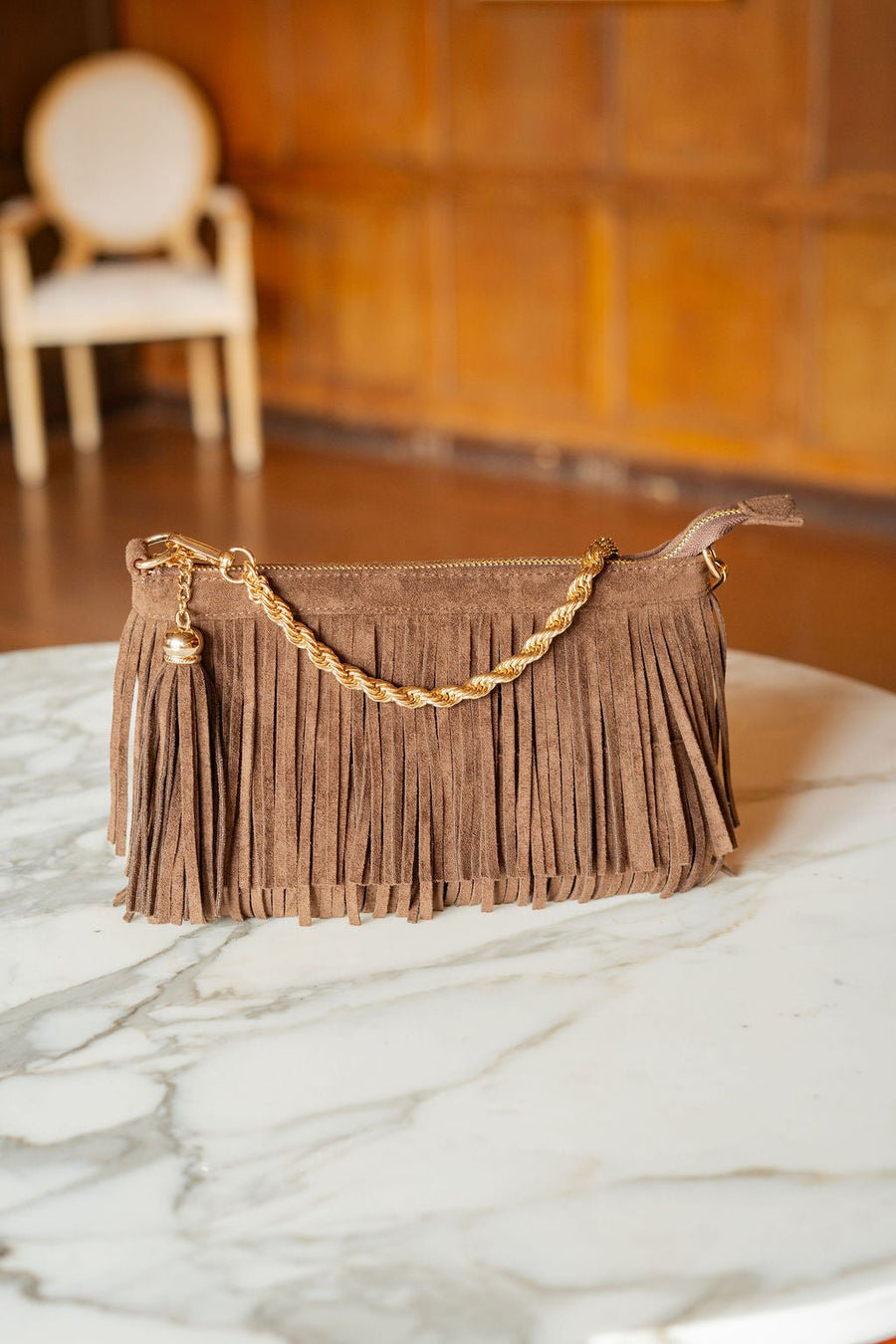 Sloane Fringe Faux Suede Clutch - Glamourous Grace