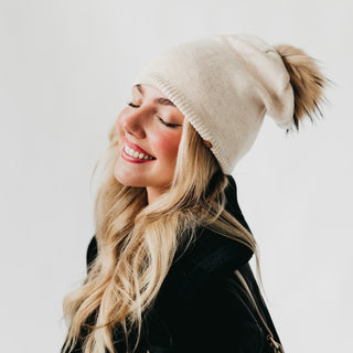 Fine Knit Fur Pom Slouchy Beanie