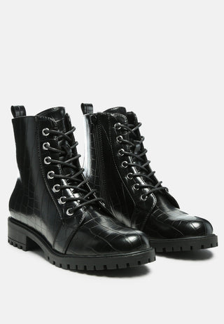 Snac Lace Up Croc Textured Ankle Boots