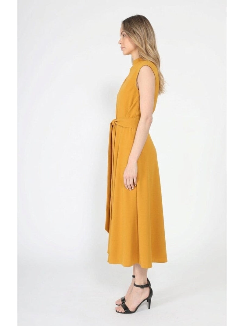 Solid Color Front Tie Belt Mock Neck Dress