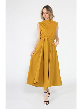 Solid Color Front Tie Belt Mock Neck Dress