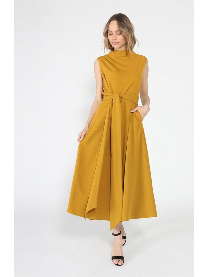Solid Color Front Tie Belt Mock Neck Dress