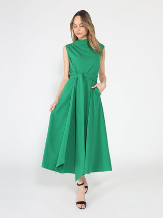 Solid Color Front Tie Belt Mock Neck Dress