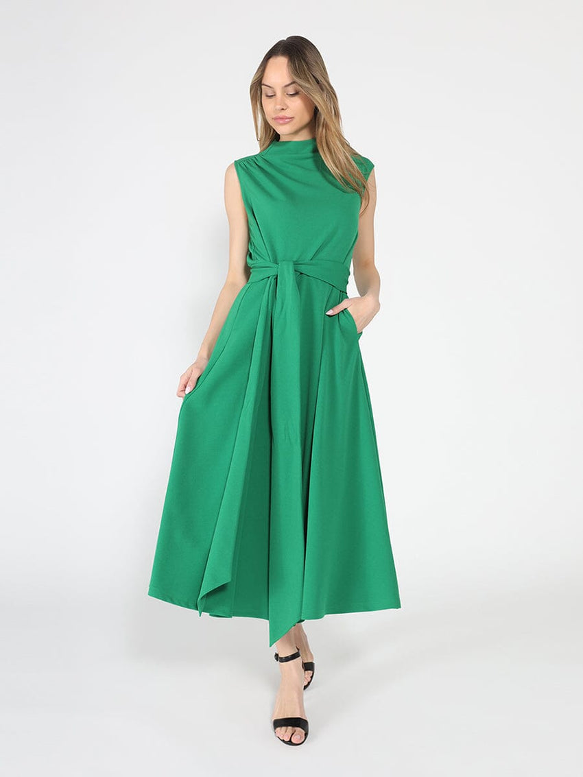 Solid Color Front Tie Belt Mock Neck Dress