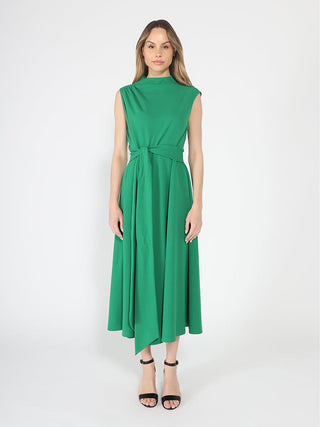 Solid Color Front Tie Belt Mock Neck Dress