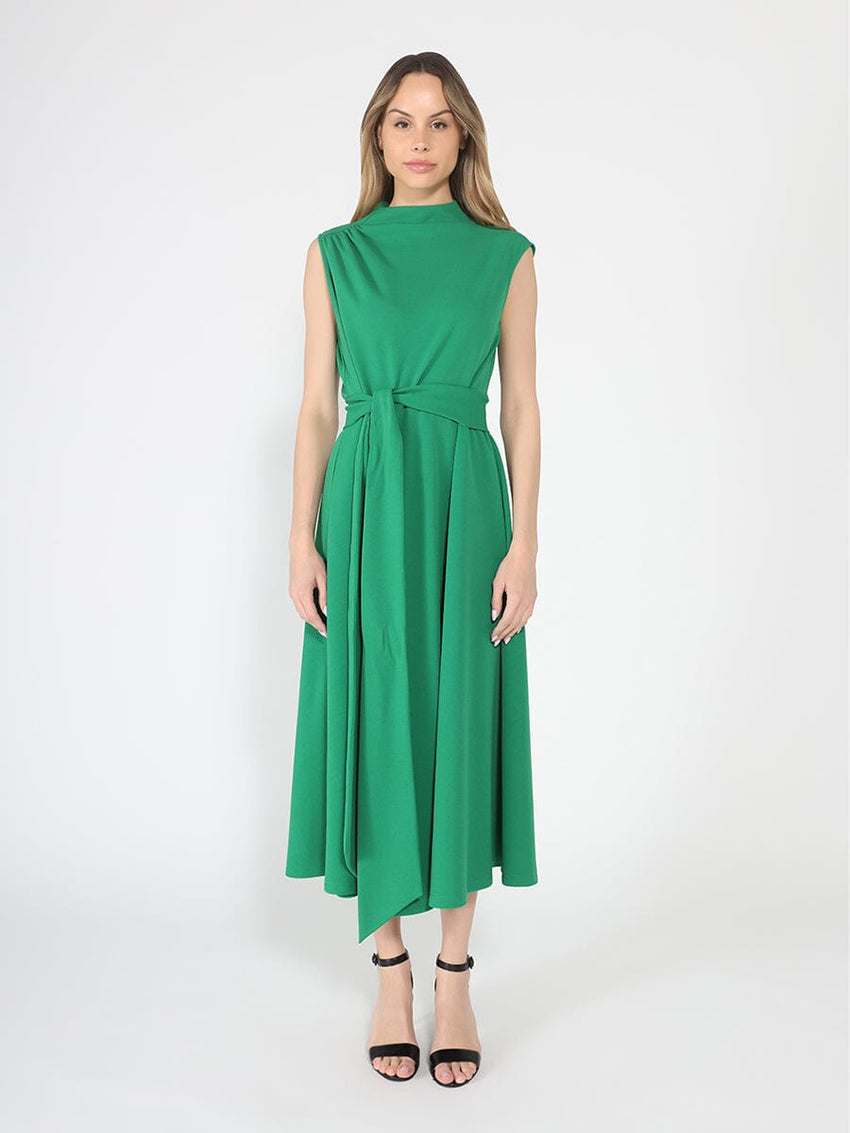 Solid Color Front Tie Belt Mock Neck Dress