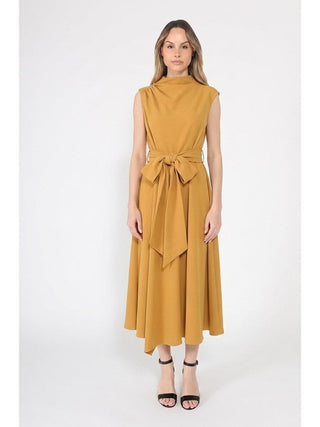 Solid Color Front Tie Belt Mock Neck Dress
