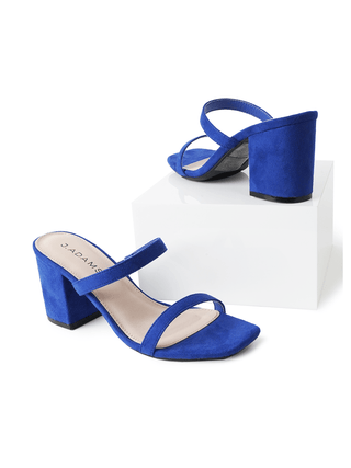 Blue suede heels from J.Adams Stormi collection, featuring a stylish and comfortable design with a pointed toe.