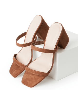J.Adams Stormi camel suede heels with pointed toes and stiletto heels, shown from a side angle.