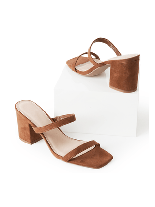 J.Adams Stormi camel suede heels with pointed toes and stiletto heels, stylish women's footwear in soft suede material.