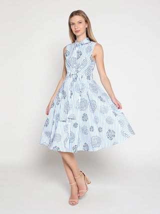 Stripe print sleeveless front tie dress