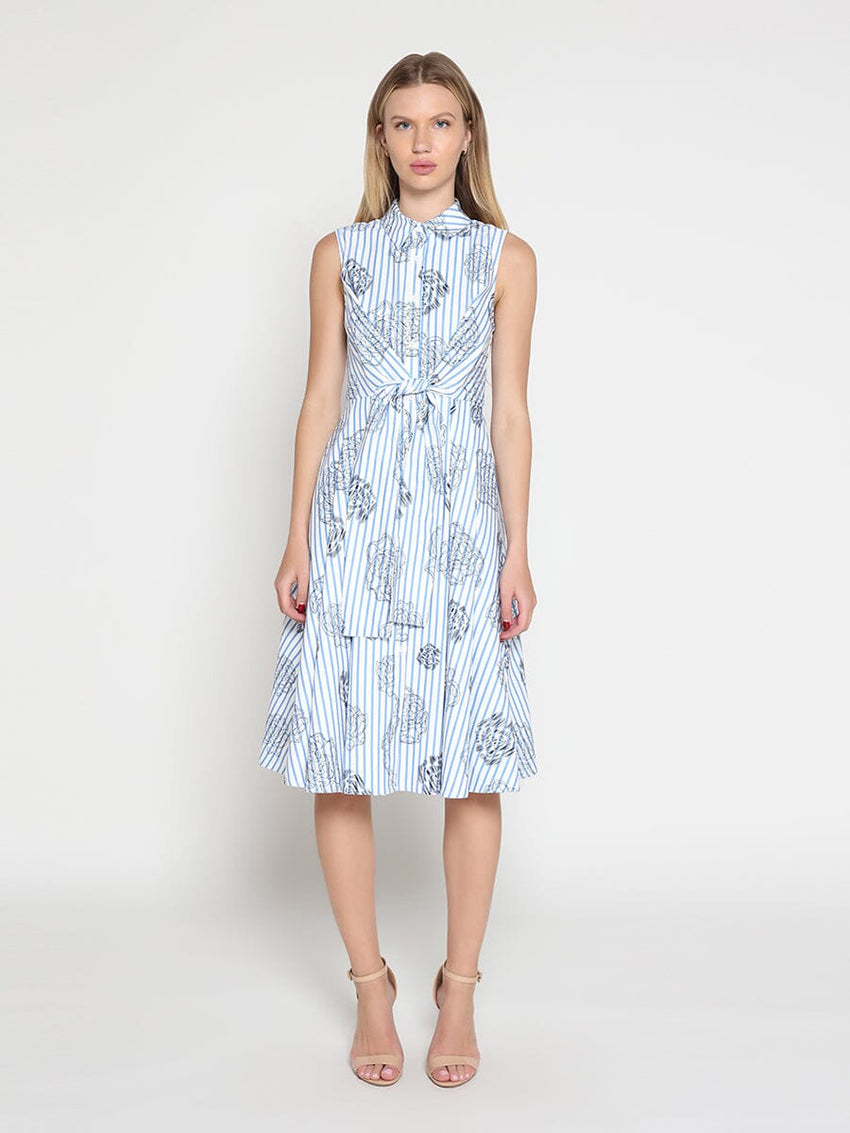 Stripe print sleeveless front tie dress