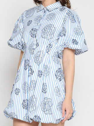 Striped Puff-Sleeve Floral Mini Dress