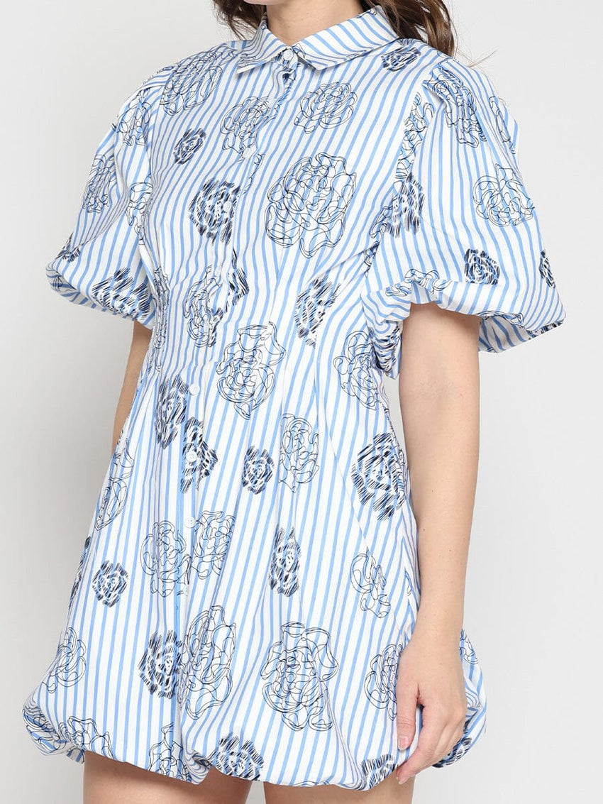 Striped Puff-Sleeve Floral Mini Dress