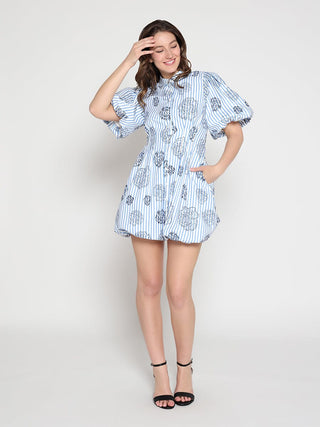 Striped Puff-Sleeve Floral Mini Dress