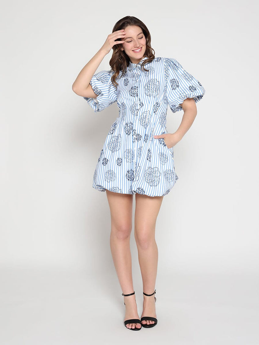 Striped Puff-Sleeve Floral Mini Dress