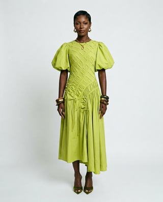 Vibrant Pleated Puff Sleeve Dress